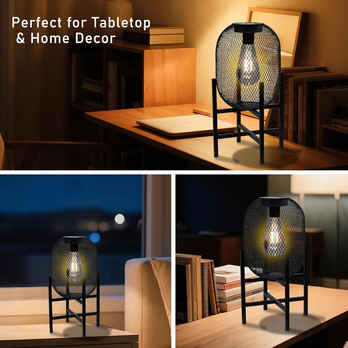 Solar Mesh Lantern Outdoor – 13.8" Tall Black Metal Patio Light with Edison Glass Bulb, Solar