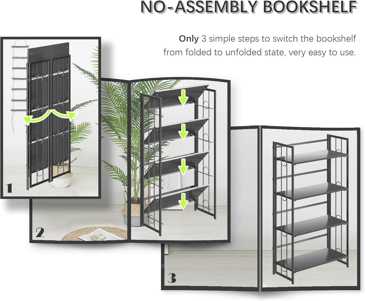 4NM No Assembly 4 Tiers Folding Bookshelf, 47.2" H Foldable Storage Shelves Vintage Bookcase