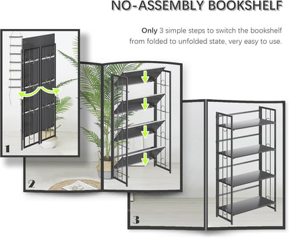 4NM No Assembly 4 Tiers Folding Bookshelf, 47.2" H Foldable Storage Shelves Vintage Bookcase