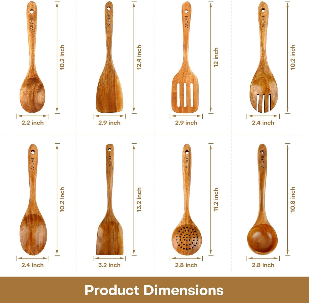AIUHI Wood Spoons for Cooking, Nonstick Kitchen Utensil Set, Wooden Spoons Cooking Utensil Set Non