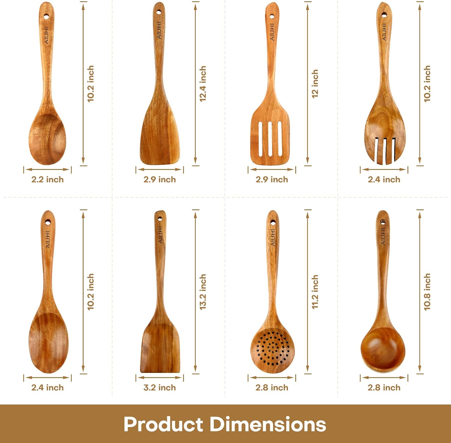 AIUHI Wood Spoons for Cooking, Nonstick Kitchen Utensil Set, Wooden Spoons Cooking Utensil Set Non