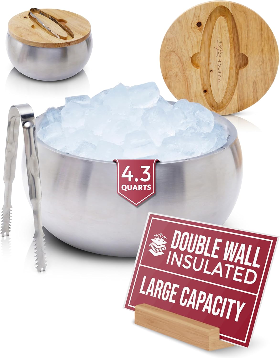 Gusto Nostro 4.1L Insulated Ice Bucket with Lid and Tongs, Double Wall Stainless Steel Ice Bucket