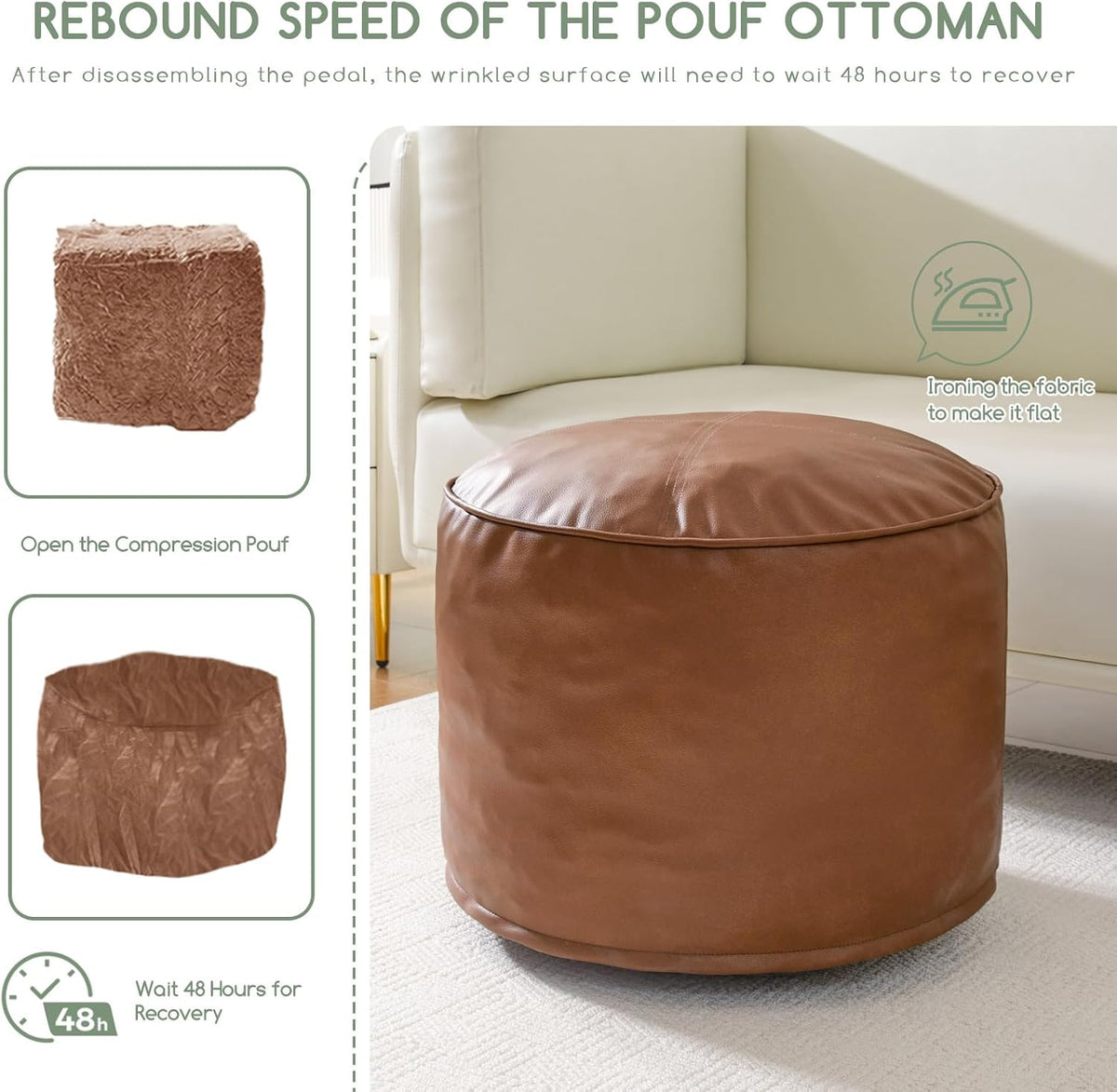 HIGOGOGO Round Stuffed Pouf Ottoman, Pu Leather Poufs with Foam Chunk Filling Foot Stool Storage