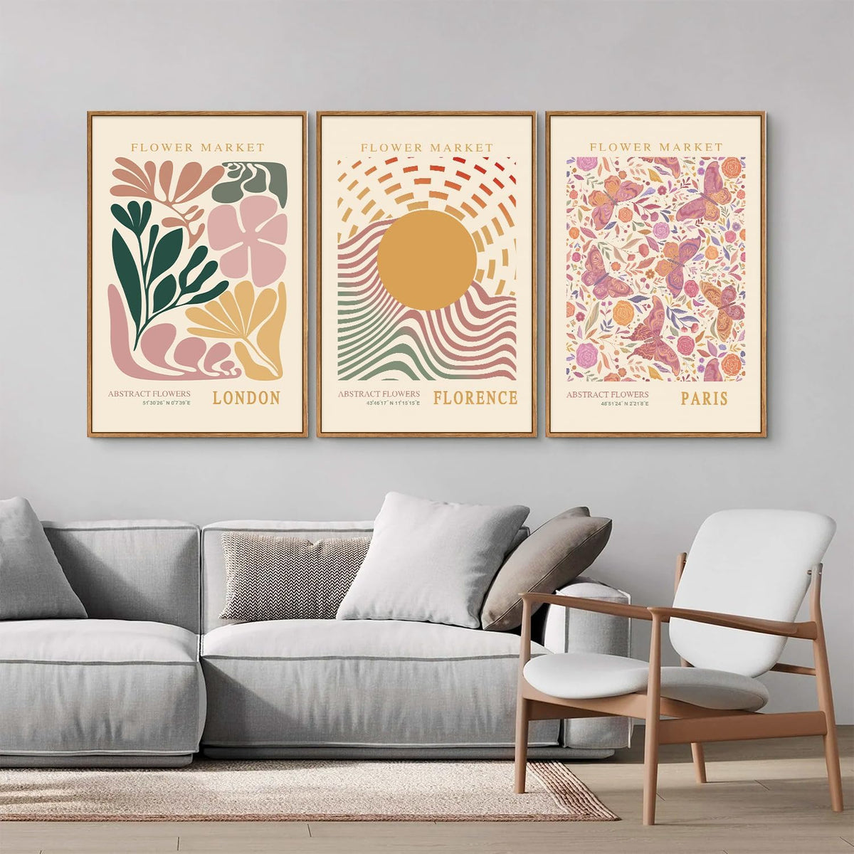 Tinonedraw Boho Flower Market Framed Canvas Wall Art Set, Pink Beige Cute Butterfly Wall Decor