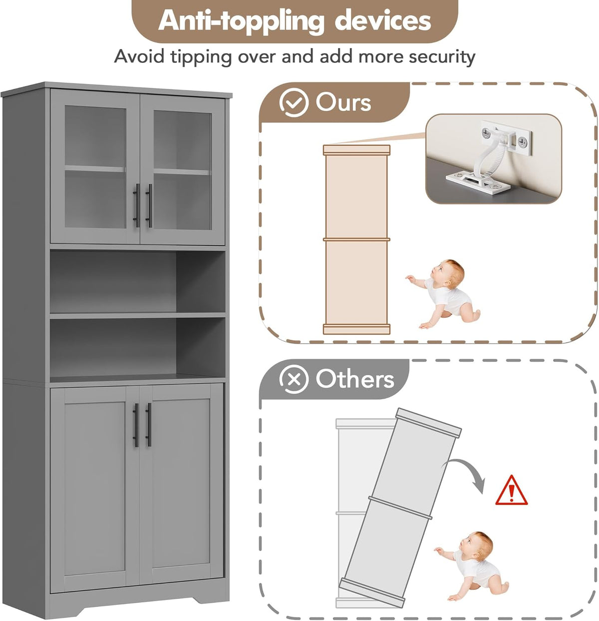 GarveeHome 67" Tall Storage Cabinet, Tall Bathroom Cabinet with Glass Doors and Adjustable Shelves