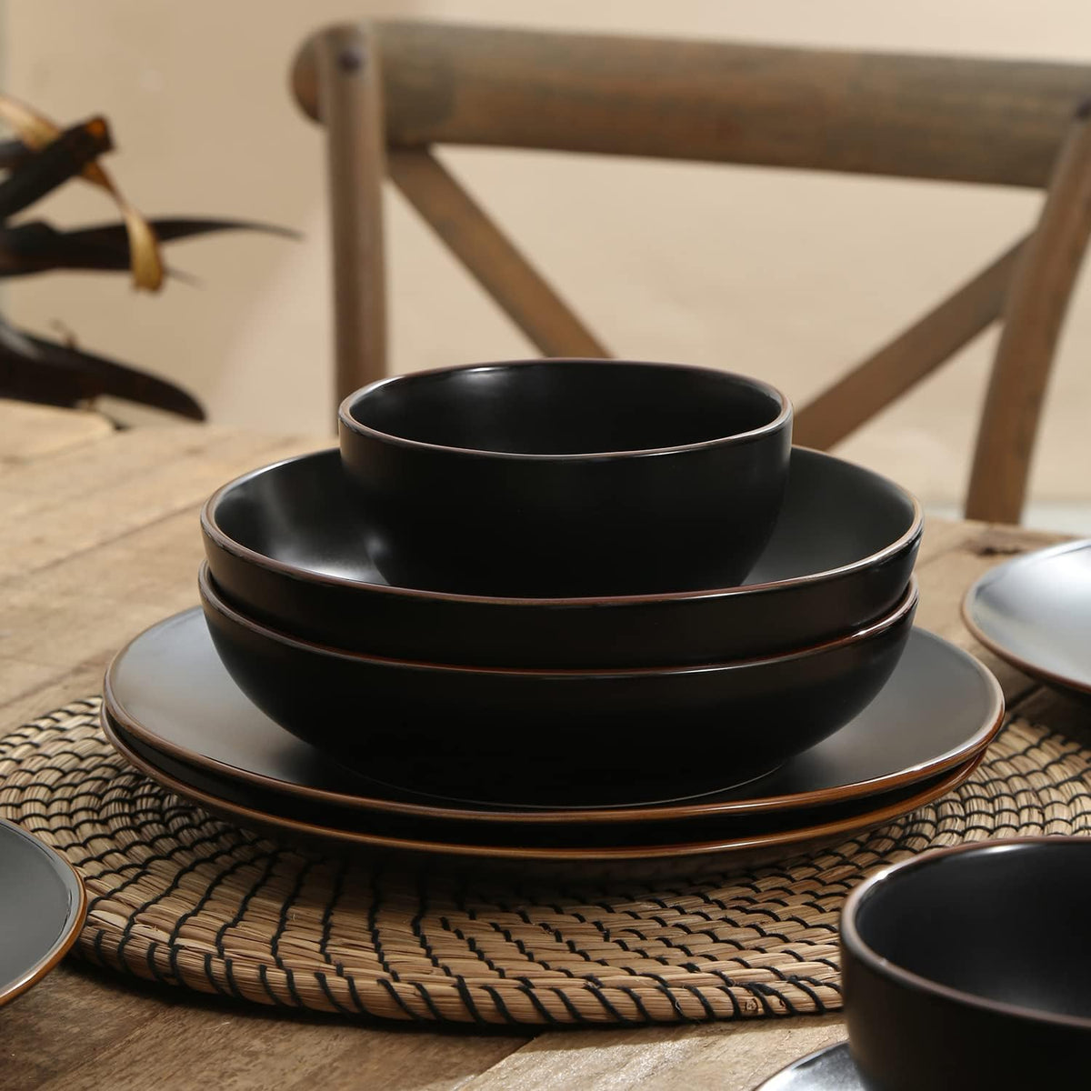 Stone Lain Brasa Stoneware 32 Piece Dinnerware, Plates and Bowls Sets for 8, Black, Glossy