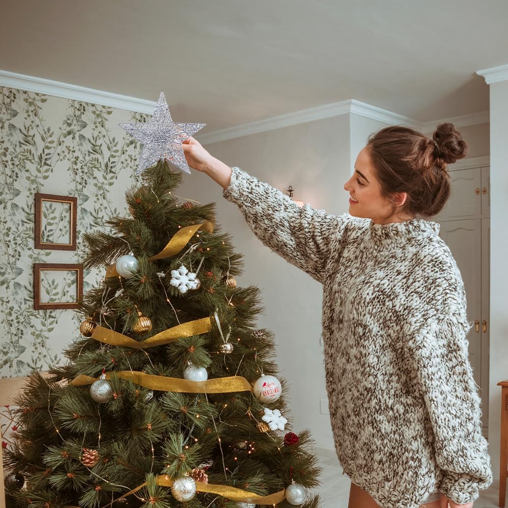 Christmas Tree Topper, hogardeck Sliver 5-Pointed Star Tree Topper for Christmas Decor, Tree