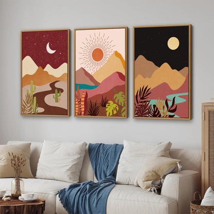 SIGNINART Boho Desert Framed Canvas Wall Art Set of 3, Colorful Sun and Moon Art Prints, Bohemian