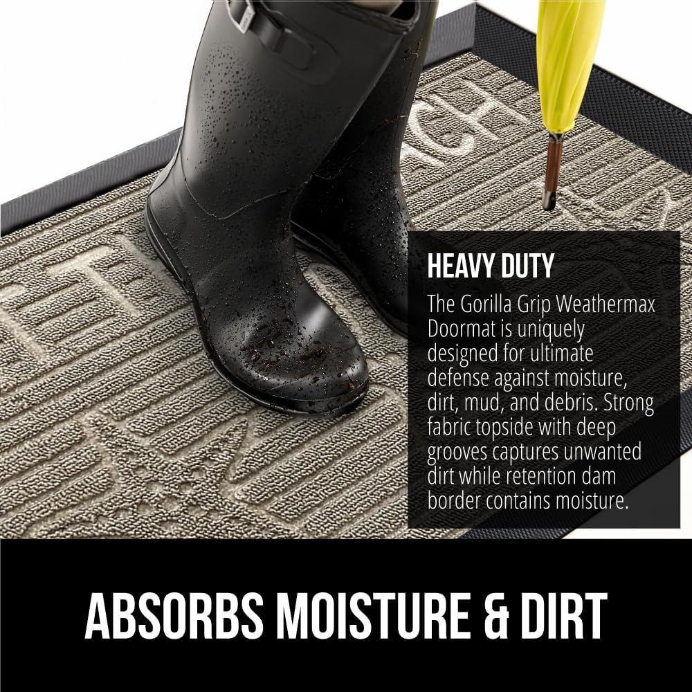 GORILLA GRIP 100% Waterproof All-Season WeatherMax Doormat, 47x35, US Designed Natural Rubber