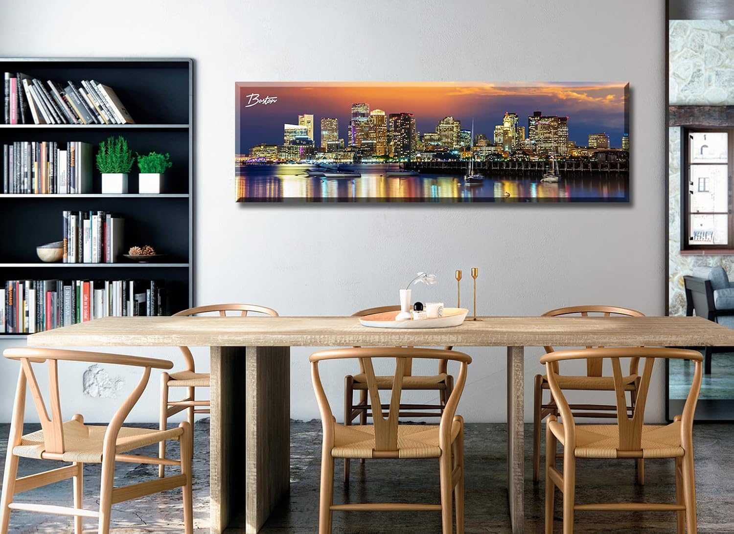 DJSYLIFE Boston Skyline Wall Art Canvas Prints Colorful USA City Night Pictures Modern Panoramic