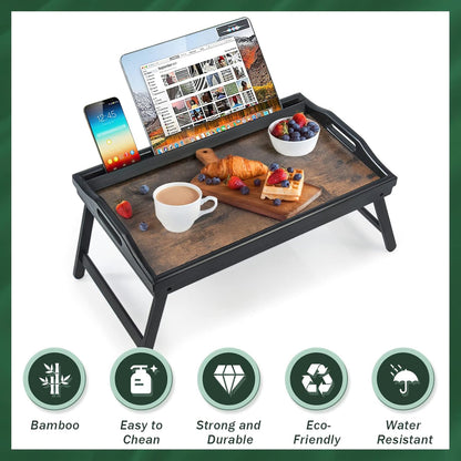2 Pack Bed Tray Table Breakfast Trays Serving Tray Bamboo Bed Laptap Floding Legs with Handles and