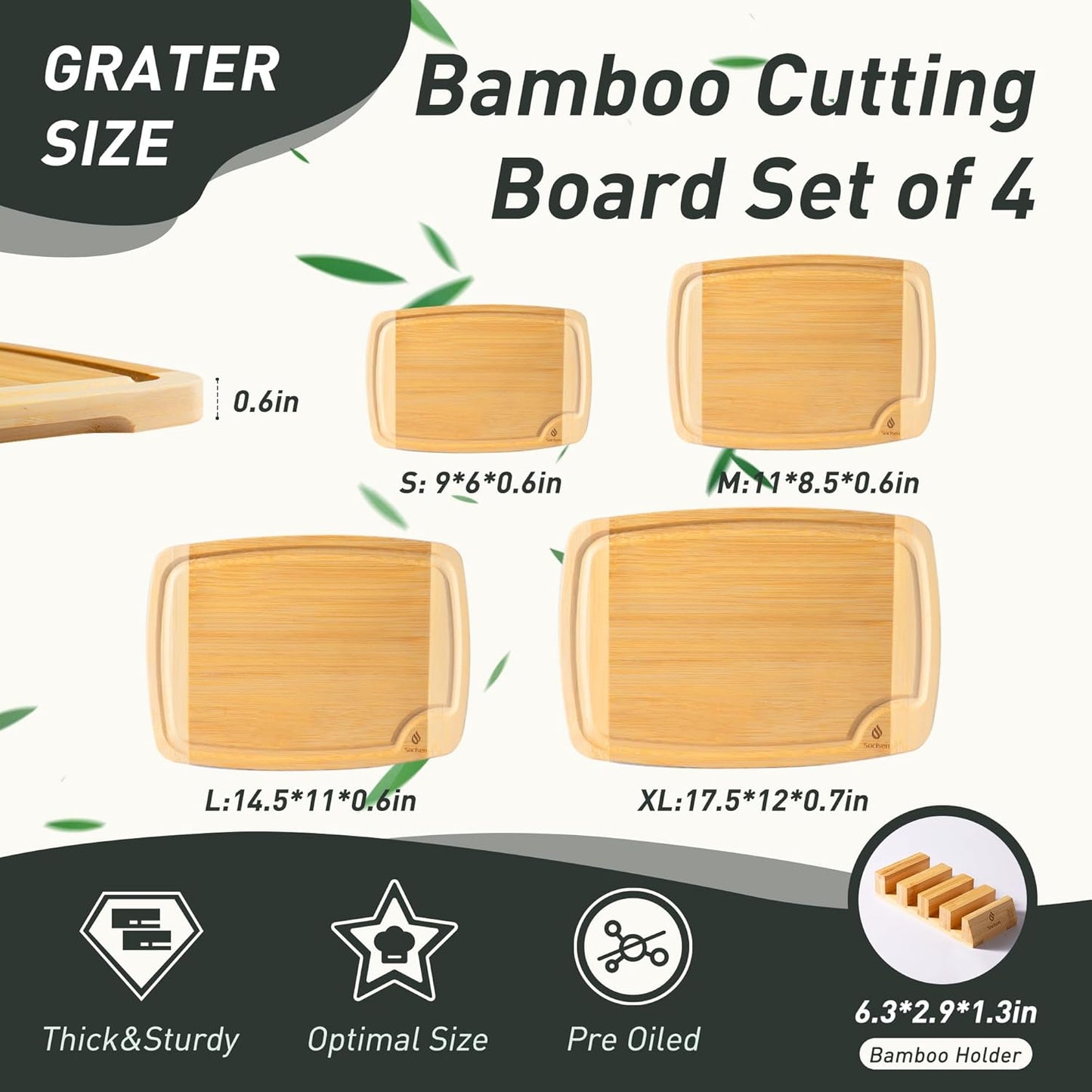 Bamboo Cutting Board Set Non Slip Feet with Holder Over Sink Men Birthday Christmas Valentines