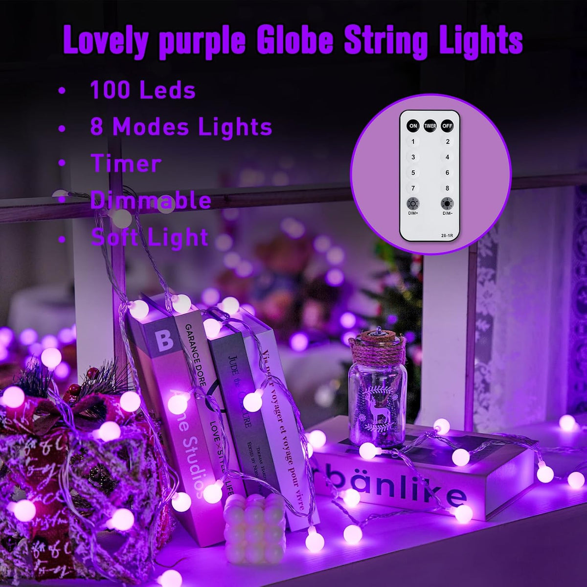 JMEXSUSS Purple Halloween Lights Indoor, Connectable 100 LED Globe String Lights Plug in with