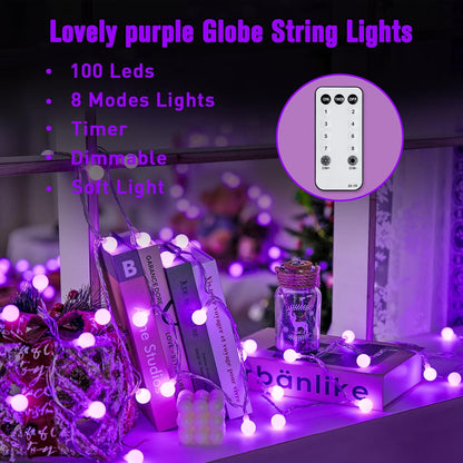 JMEXSUSS Purple Halloween Lights Indoor, Connectable 100 LED Globe String Lights Plug in with