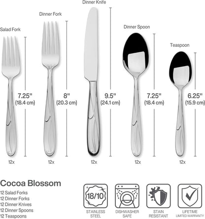 Mikasa Cocoa Blossom 65-Piece Flatware Set for 12, 18/10 Stainless Steel Silverware with Full