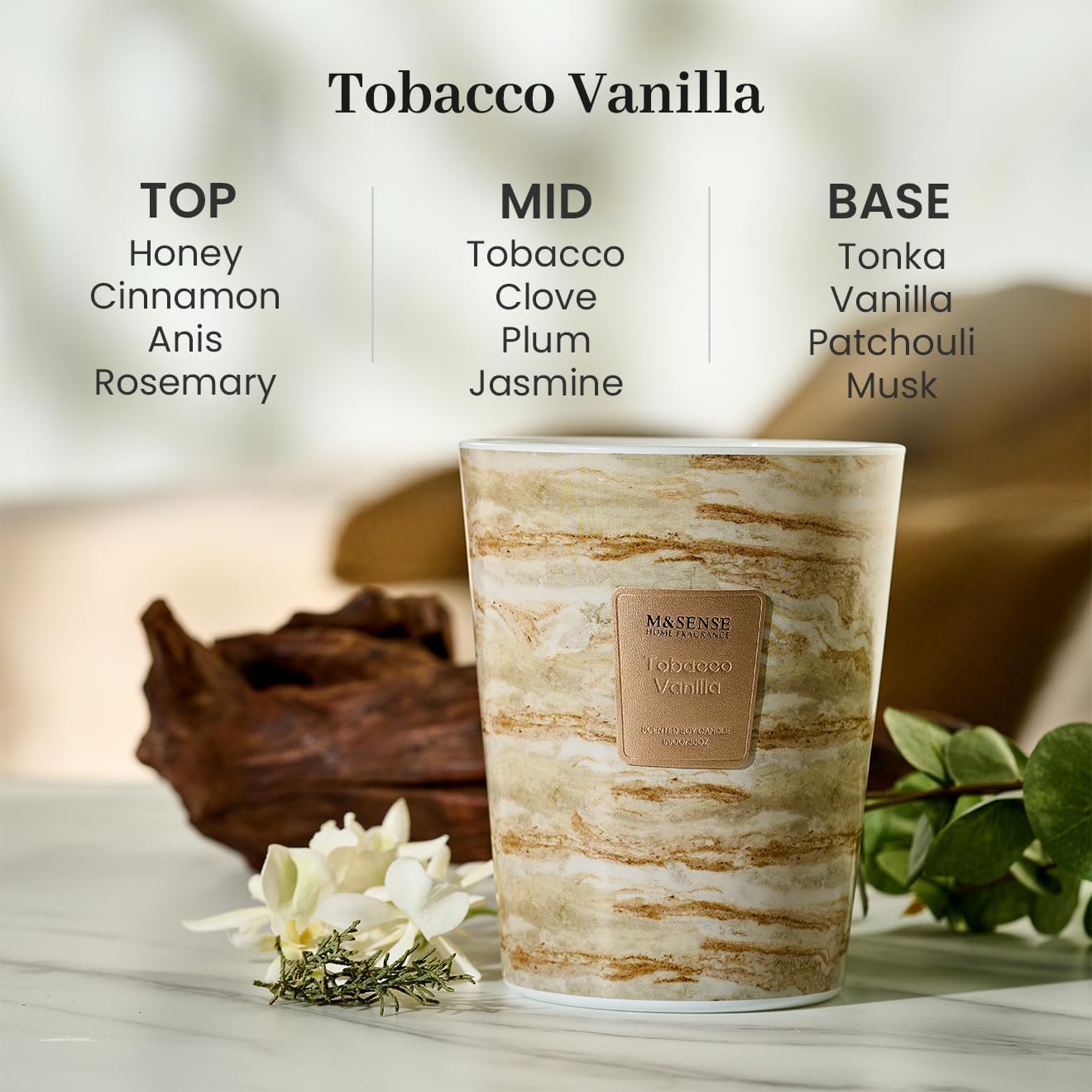 M&SENSE TobaccoVanilla Scented Candles for Home, 3-Wick Highly Scented Jar Candles, Extra Large