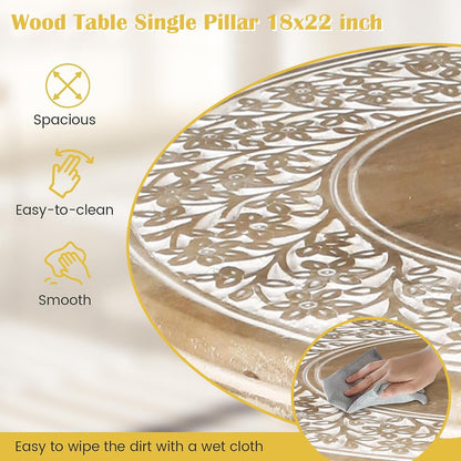 Lightnpro Carved Round End Table with Single Pillar - Handcrafted Accent Bedside Nightstand Side