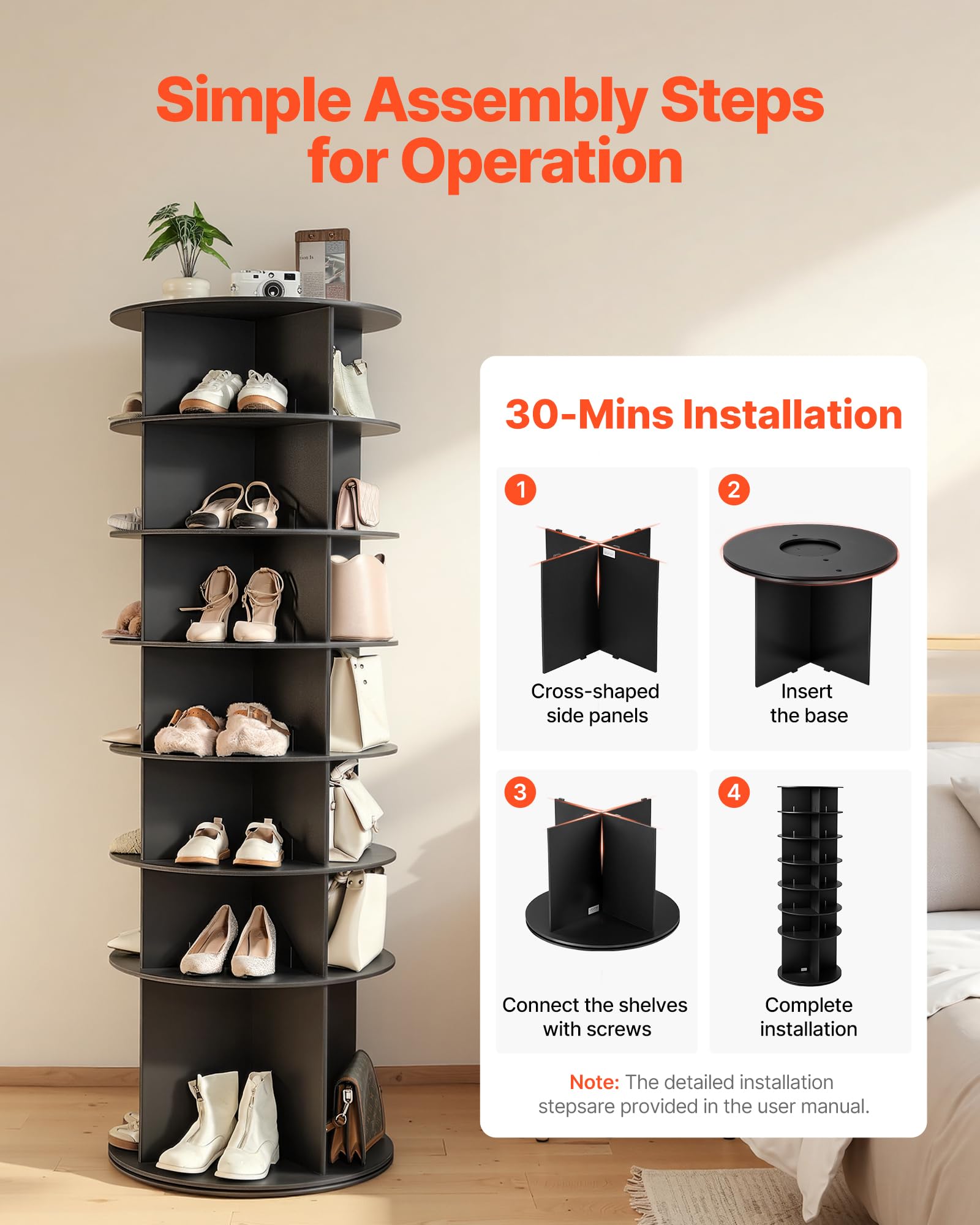 VEVOR 7 Tiers Rotating Shoe Rack Tower, 360° Spinning Shoe Rack, Revolving Storage Round Carousel