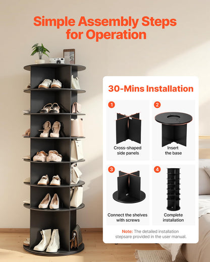 VEVOR 7 Tiers Rotating Shoe Rack Tower, 360° Spinning Shoe Rack, Revolving Storage Round Carousel