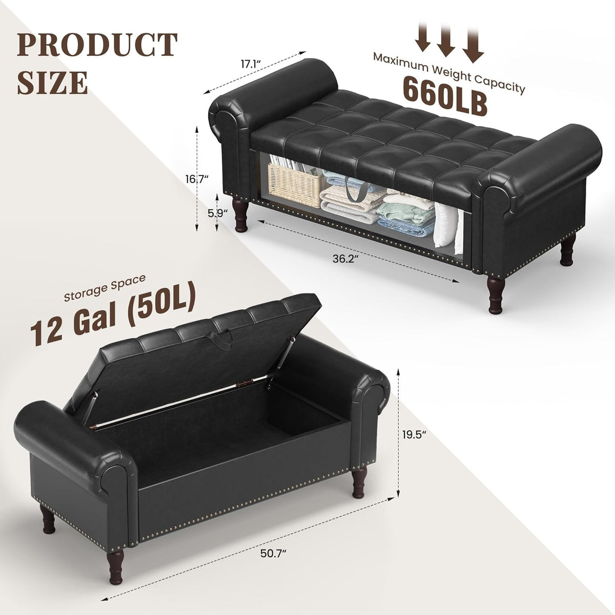 Storage Ottoman Bench for Bedroom, 51" Upholstered Bedroom Bench with Rolled Arms and Vintage