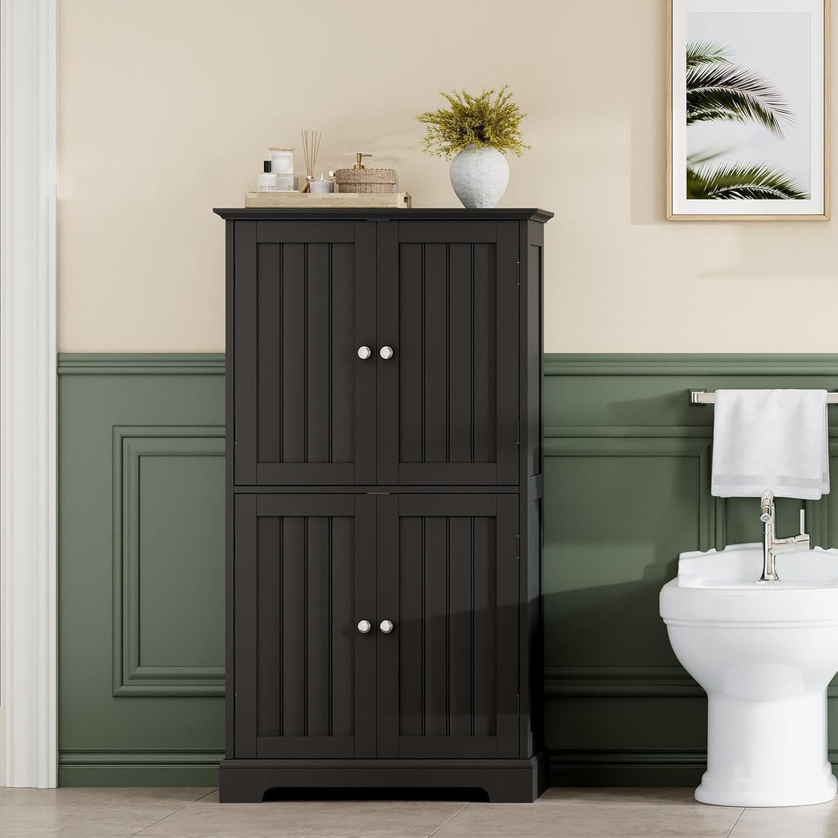 ChooChoo Bathroom Floor Cabinet, Modern Bathroom Storage Cabinet with 4 Doors and Adjustable