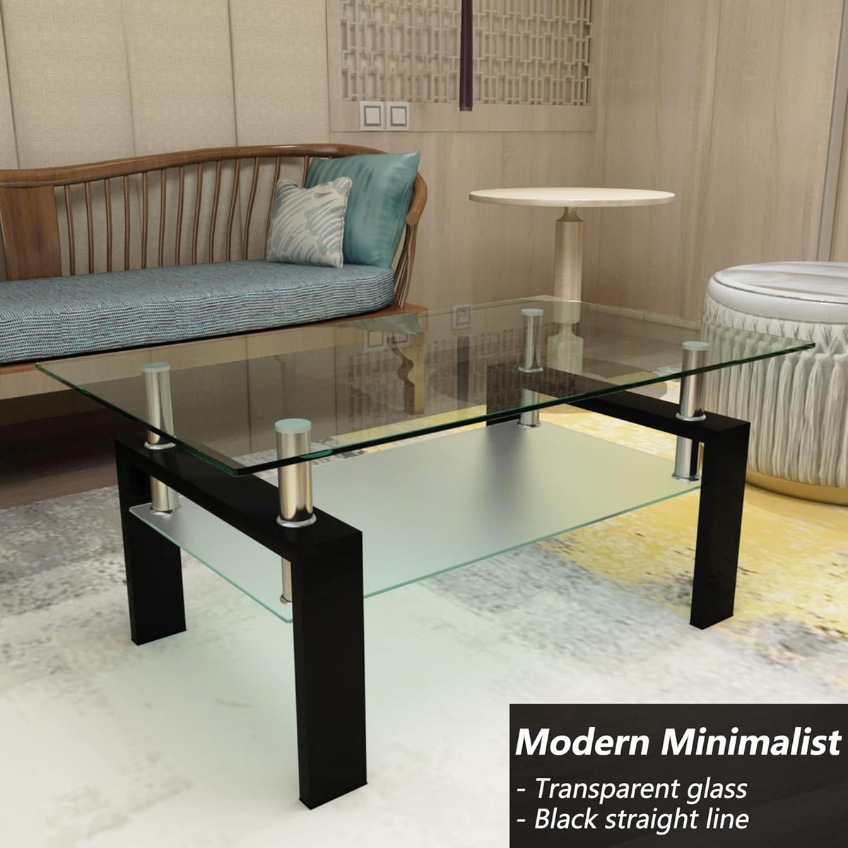 Glass Coffee Table for Living Room, 2 Layer Center Table with Clear Rectangle Tempered Glass Top