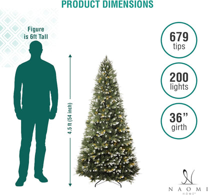 Naomi Home 4.5ft White Tip Christmas Tree with Lights, Realistic Light Snow Flocked Fir Prelit with