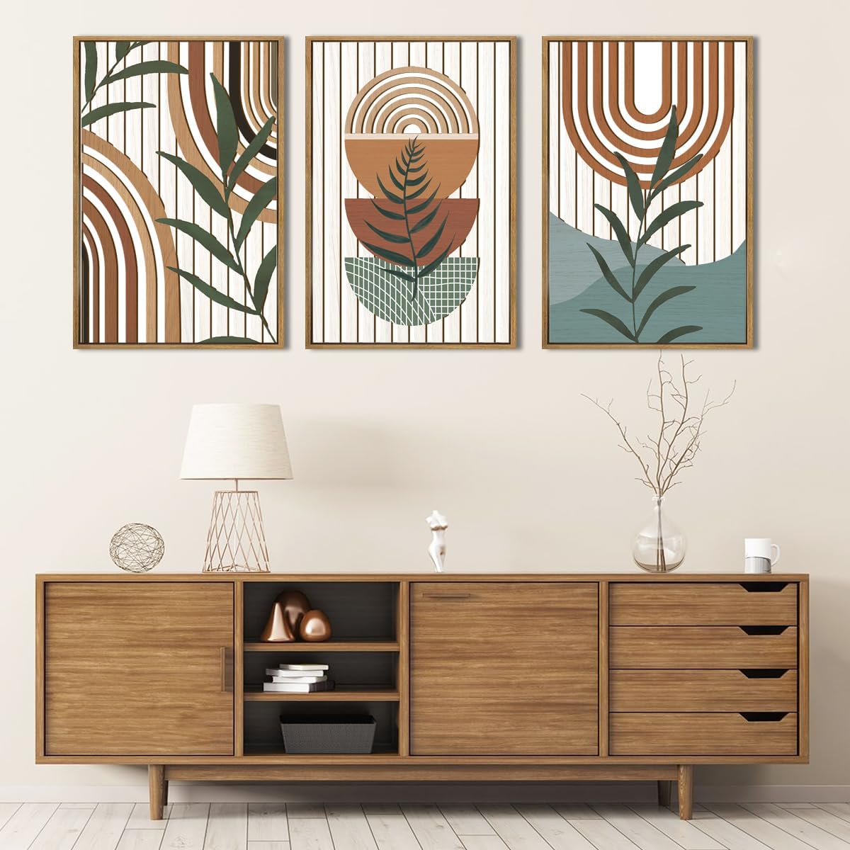 Large Boho Mid Century Wood Wall Art Set,Modern Geometric Leaves Artwork Bohemian Wall