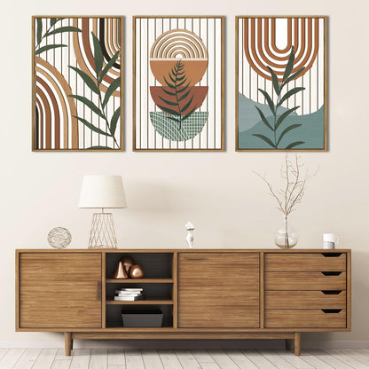 Large Boho Mid Century Wood Wall Art Set,Modern Geometric Leaves Artwork Bohemian Wall