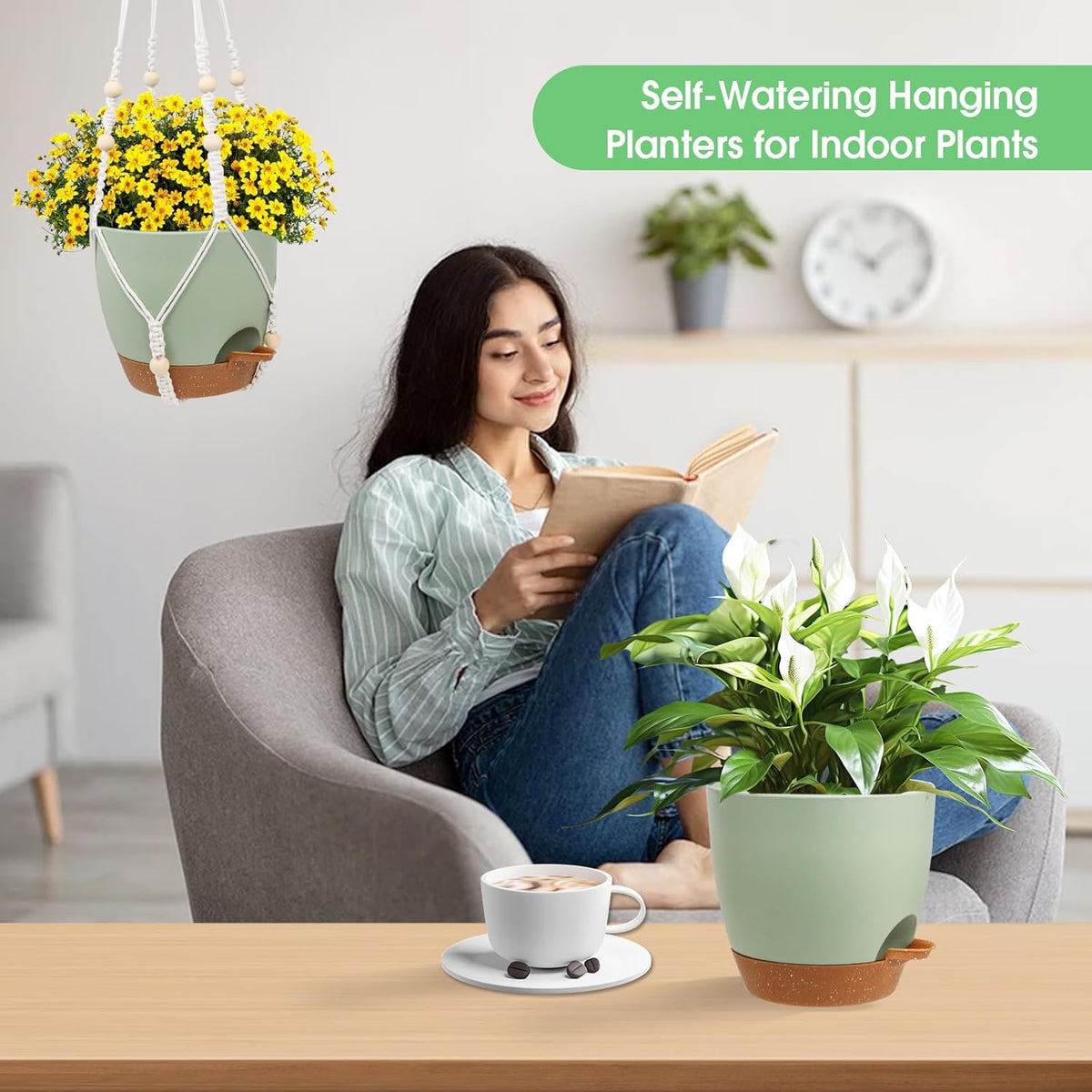 Hanging Planters for Indoor Outdoor Plants, 2 Pack Self Watering Hanging Pot with Drainage Holes