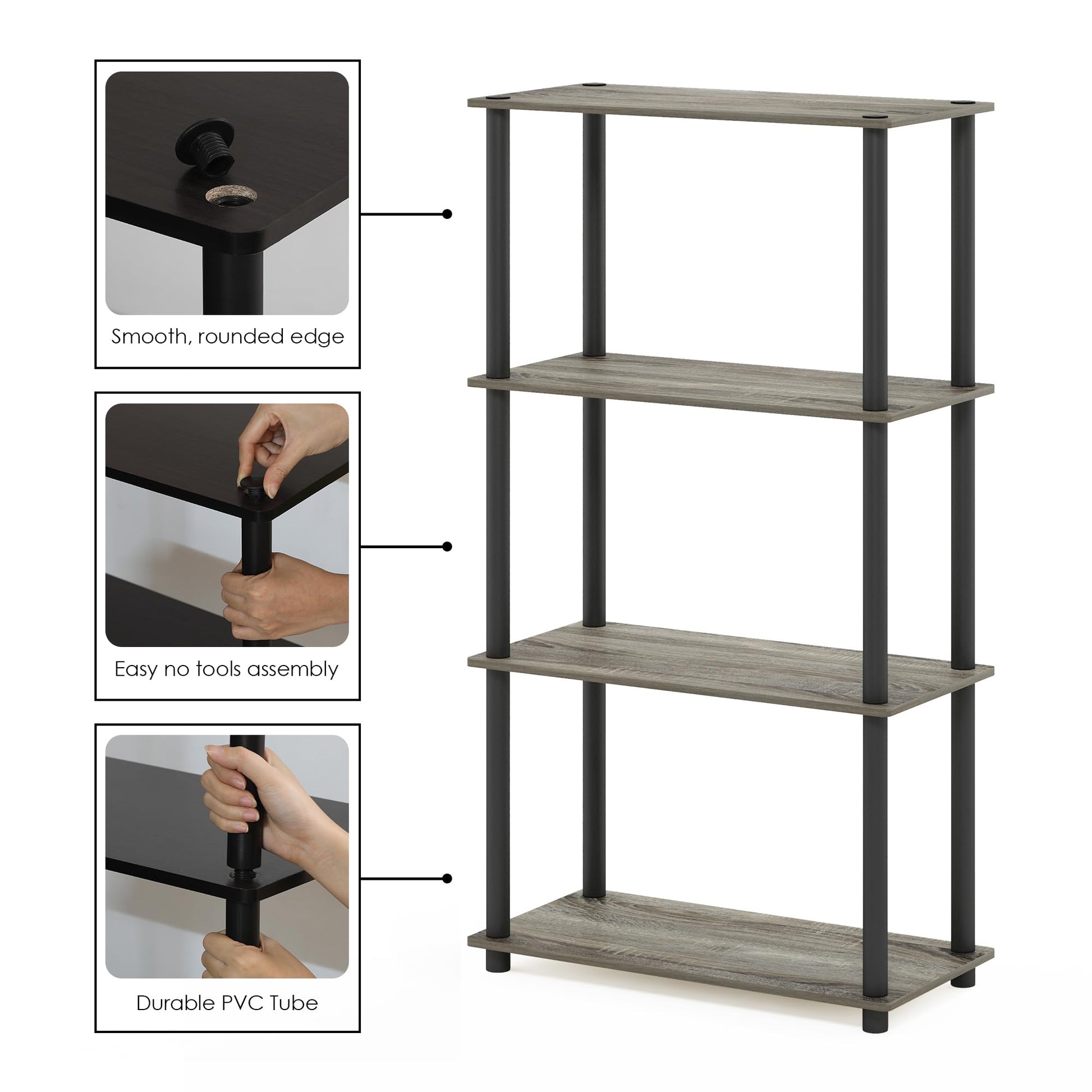 Furinno Turn-N-Tube Storage Shelves, 4-Tier Book Shelf, Corner Shelf, Toolless Open Shelves, for