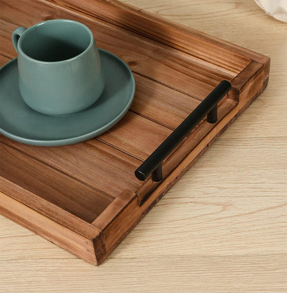 Set of 2 Decorative Nested Wood Vintage Serving Tray with Black Stainless Steel Handles for Eating