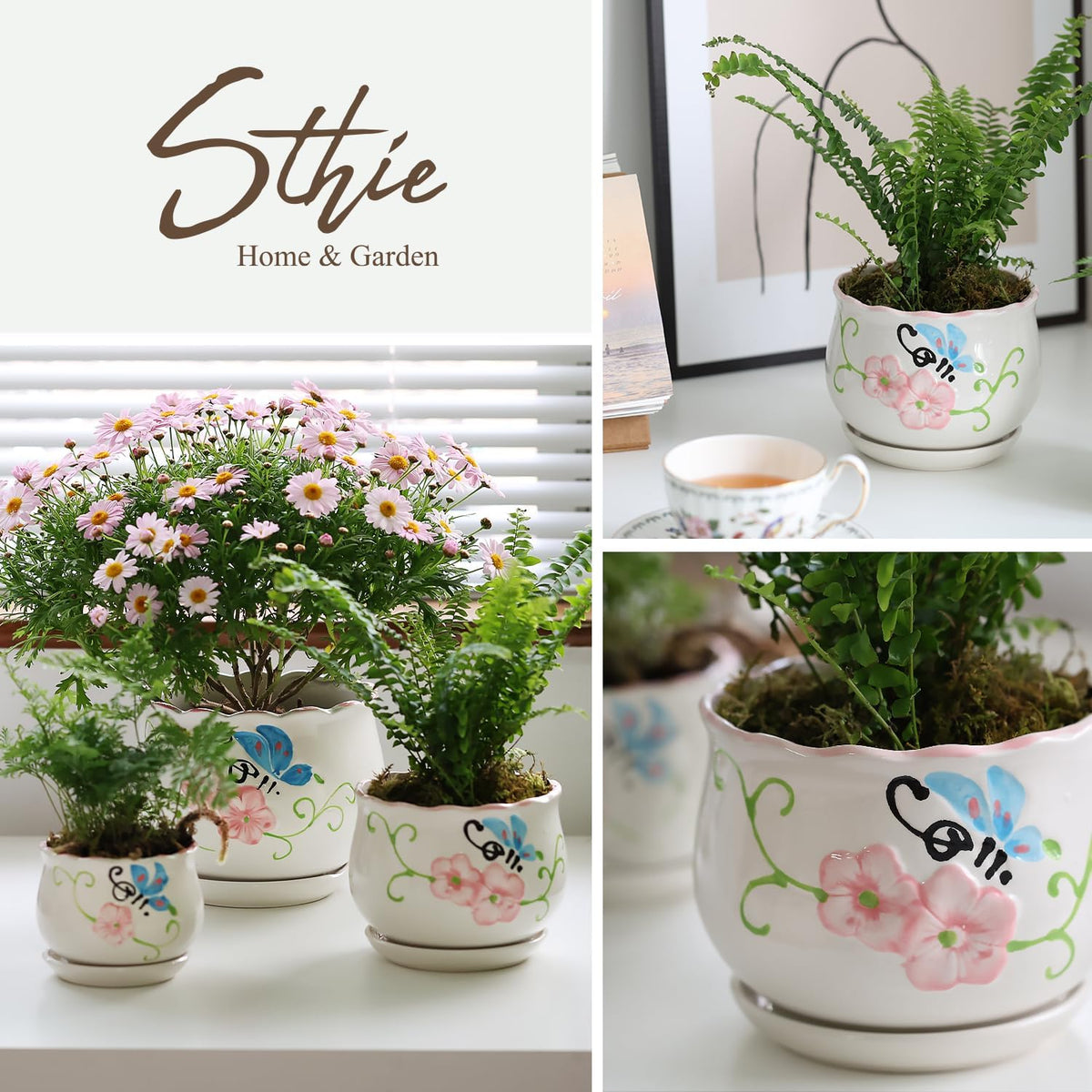 Ceramic Plant Pots with Drainage Holes and Saucers, Round Flower Pots for Indoor Plant, 3.9/5.2/6.7