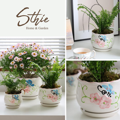 Ceramic Plant Pots with Drainage Holes and Saucers, Round Flower Pots for Indoor Plant, 3.9/5.2/6.7