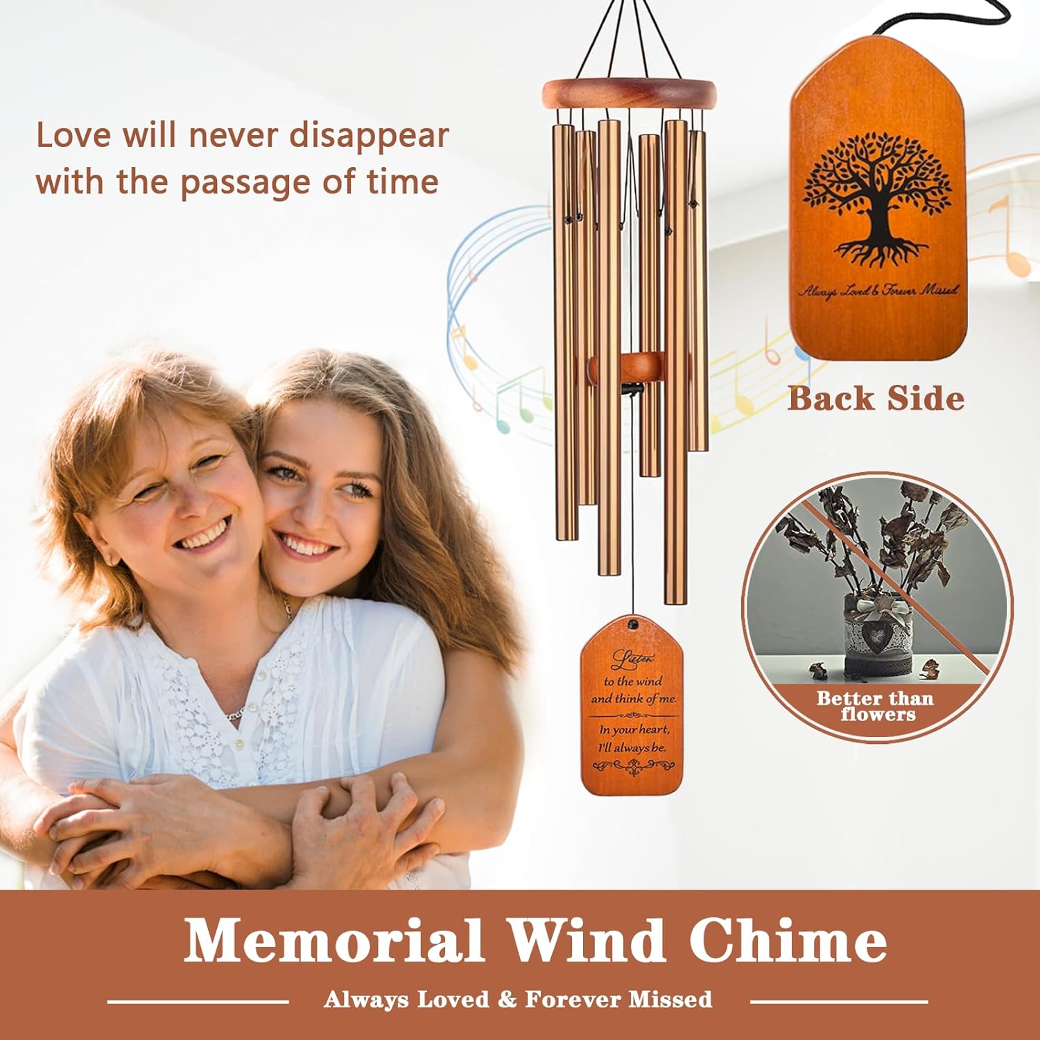 Memorial Gifts, 30" Wooden Sympathy Wind Chimes for Loss of Loved One