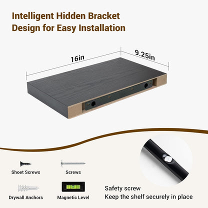 16 Inch Floating Shelves, 16"x9.25"x1.5" Inch Deep Floating Shelves for Wall, Wooden Shelves for