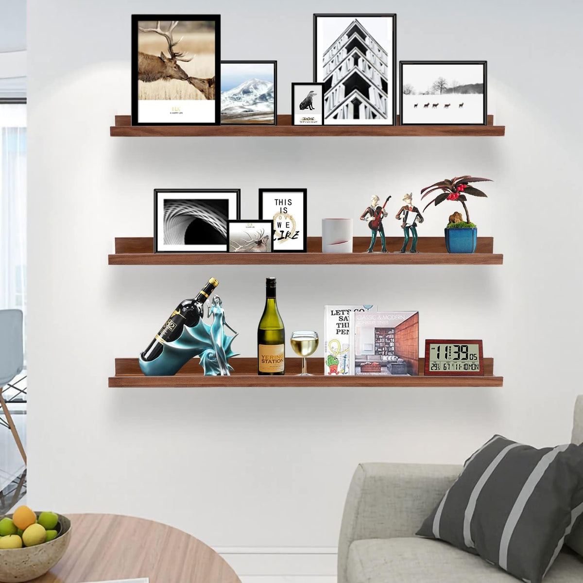 AZSKY 36 Inch Floating Book Shelves Rustic Wood Wall Picture Ledge Shelf for Storage Light Walnut