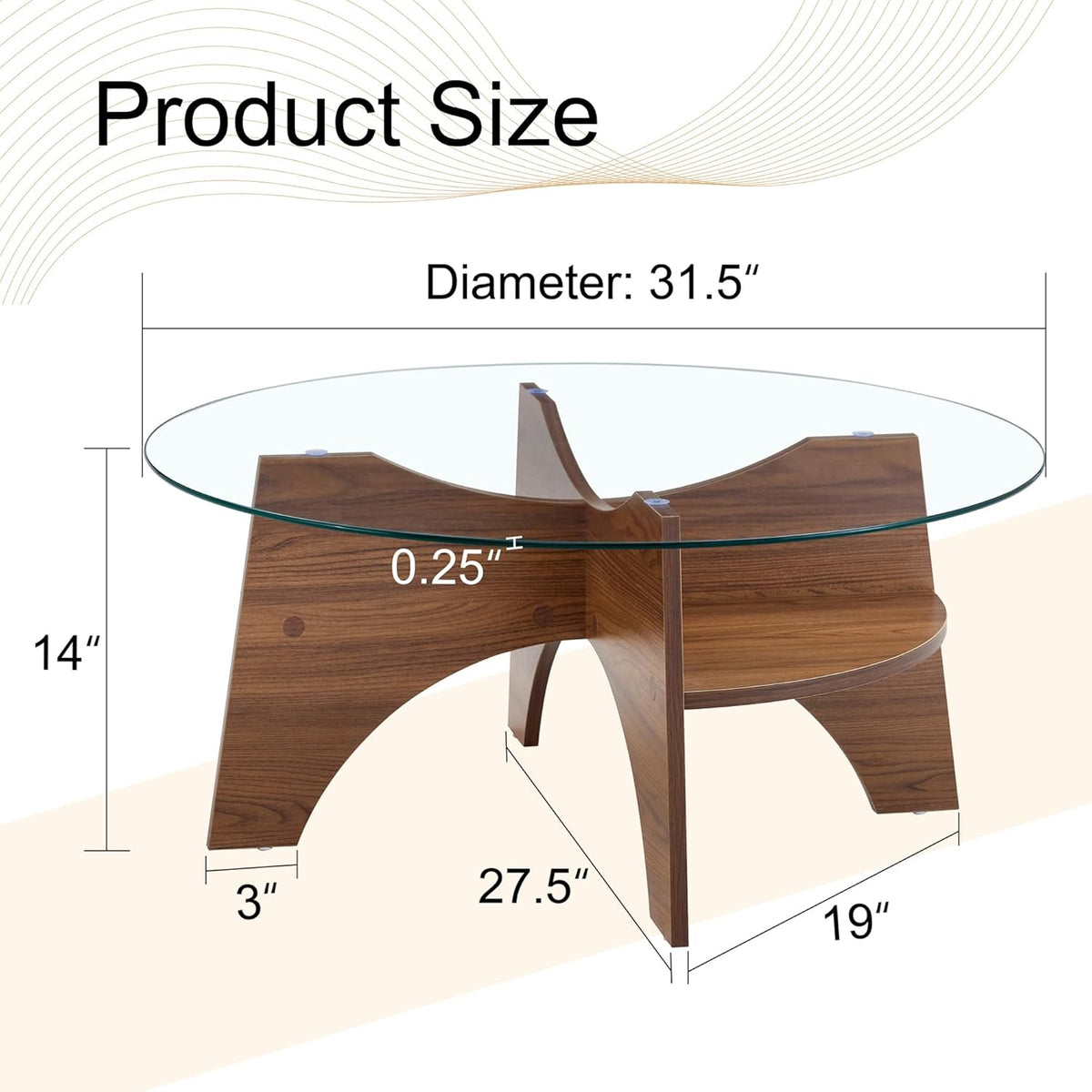 31.5" Round Glass Coffee Table with Tempered Glass Top and MDF Base, Diagonal Fan-Shaped Tray