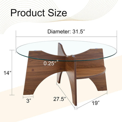 31.5" Round Glass Coffee Table with Tempered Glass Top and MDF Base, Diagonal Fan-Shaped Tray