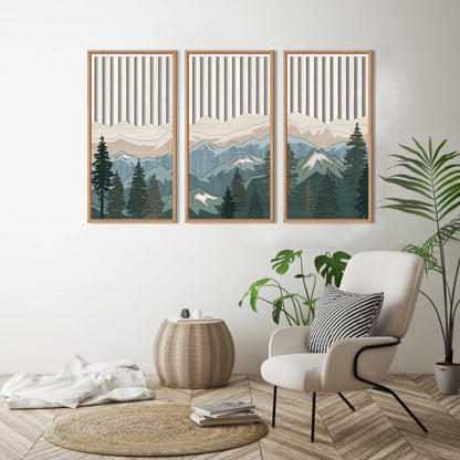 IARTTOP Large Mountain Wood Wall Art Framed Decor Set Of 3, Modern Mountain Landscape Wall Art