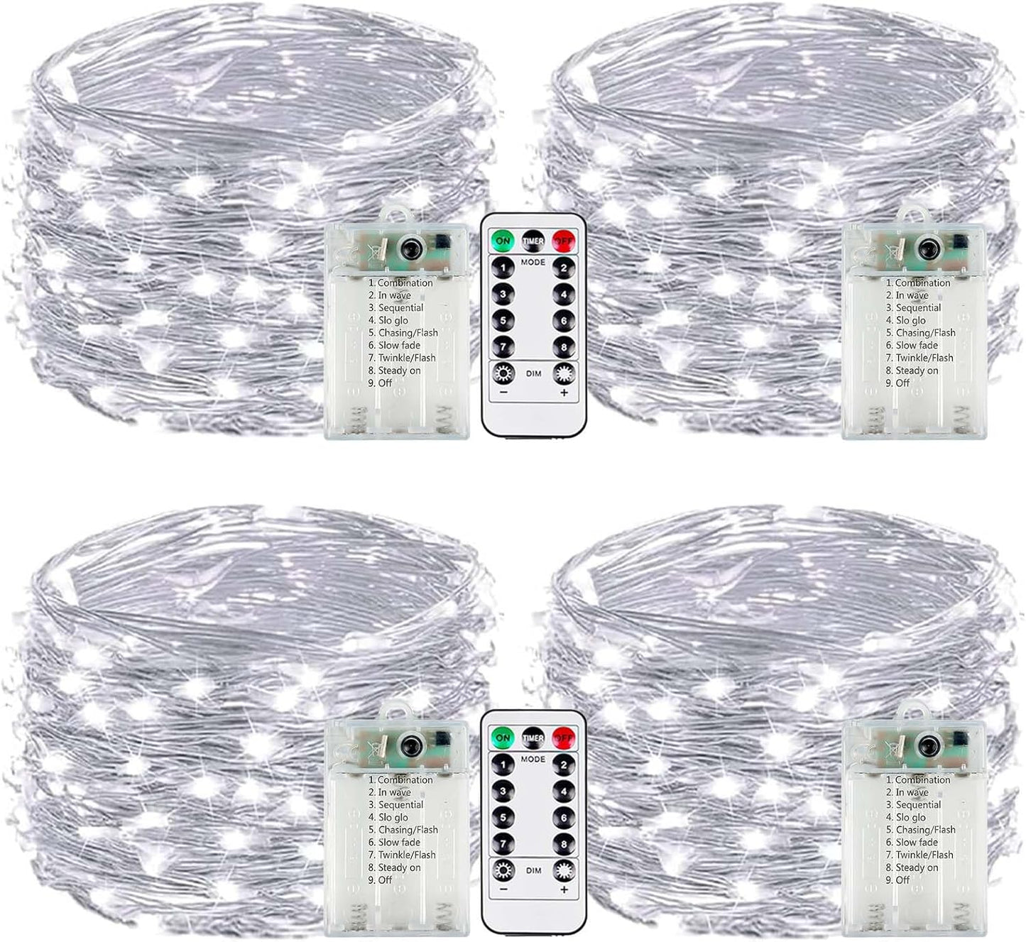4-Pack Fairy Lights Battery Operated with Remote & Timer & 8 Modes, Waterproof 16 FT 50 LED String