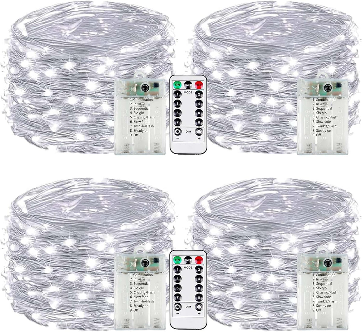 4-Pack Fairy Lights Battery Operated with Remote & Timer & 8 Modes, Waterproof 16 FT 50 LED String