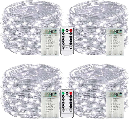 4-Pack Fairy Lights Battery Operated with Remote & Timer & 8 Modes, Waterproof 16 FT 50 LED String