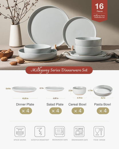 Famiware Milkyway Stoneware Dinnerware Sets with Pasta Bowls, Service for 4 (16 Pieces), Plates and