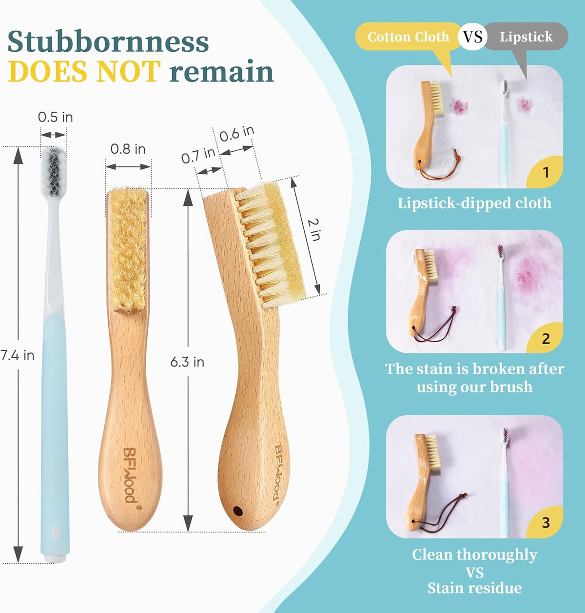 BFWood 2PCS Laundry Stain Brush - Natural Soft Boar Bristles, Removes Tough Stains from Delicate