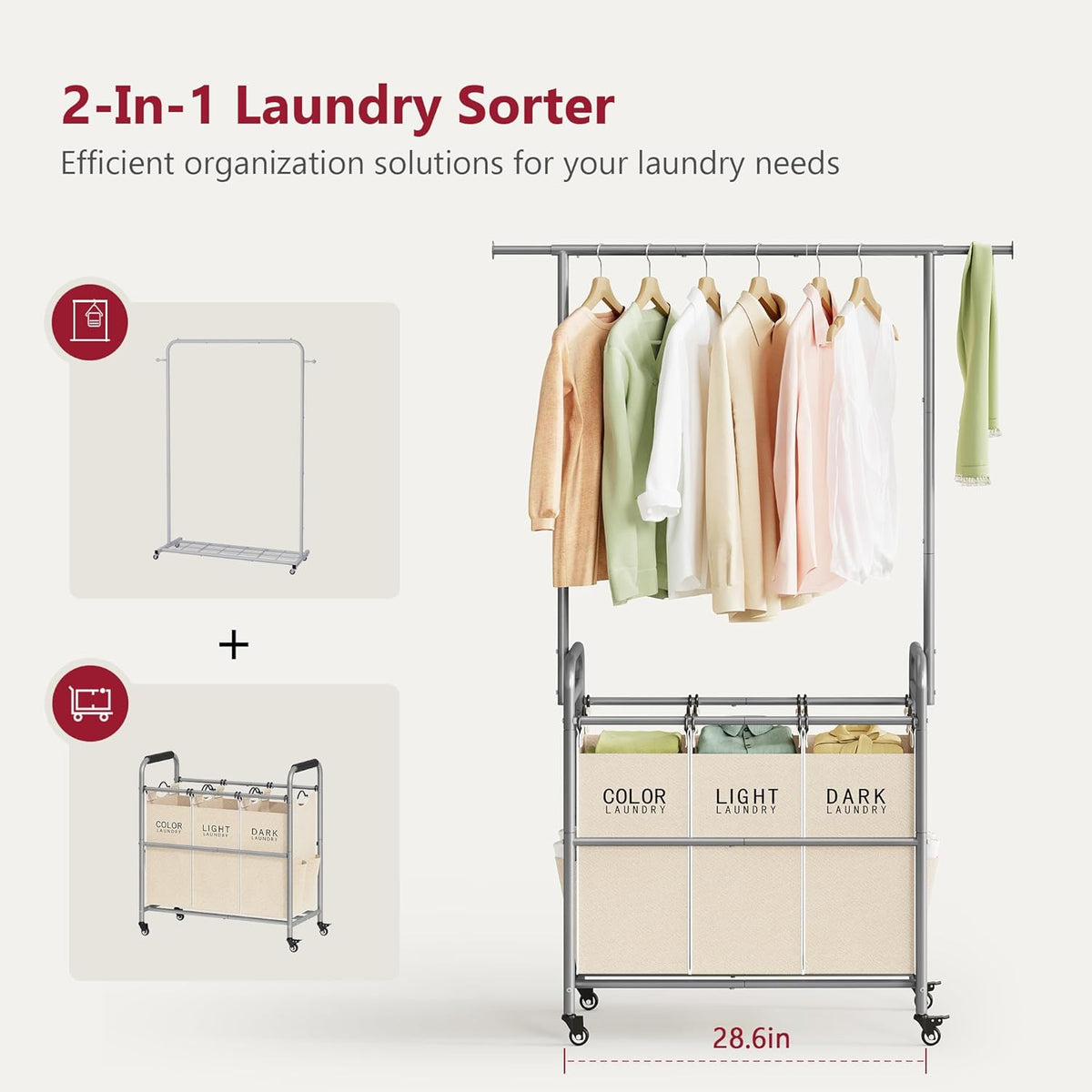 Tajsoon Laundry Hamper with Hanging Rack, 3 Section Laundry Sorter with Heavy Duty Lockable Wheels