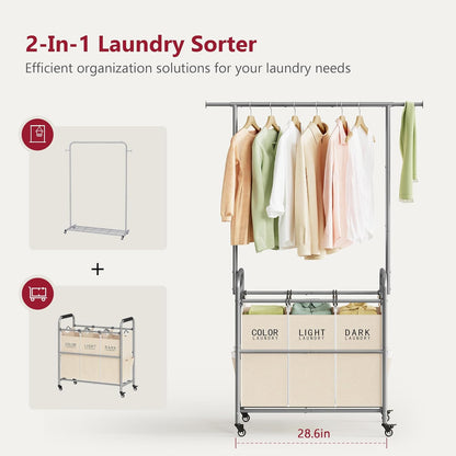 Tajsoon Laundry Hamper with Hanging Rack, 3 Section Laundry Sorter with Heavy Duty Lockable Wheels