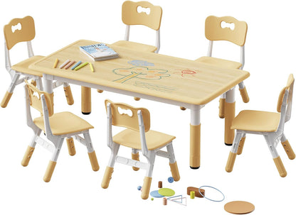 Brelley Kids Table and 6 Chairs Set, Height Adjustable Toddler Desk and Chair Set, Graffiti