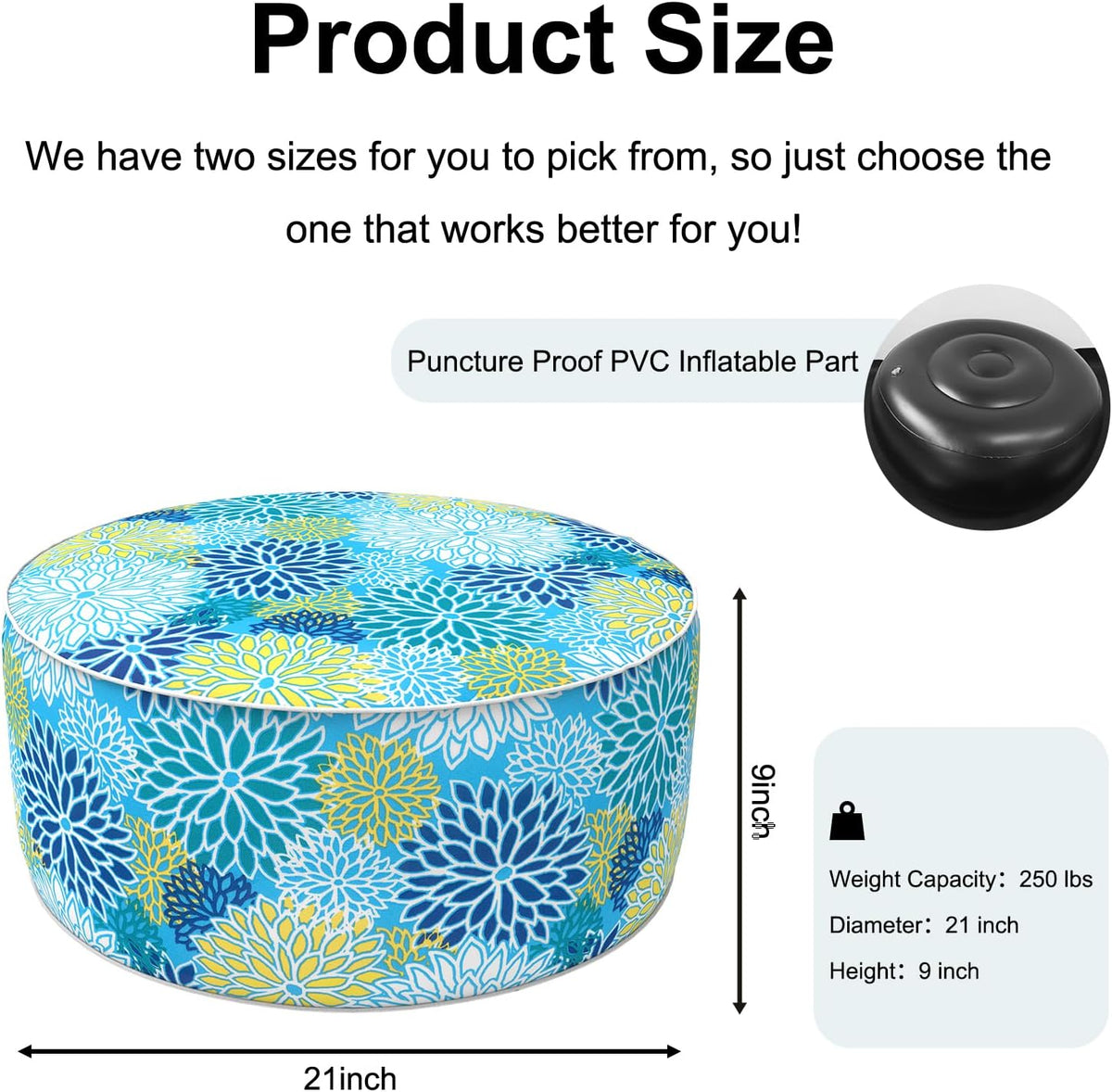 Inflatable Ottoman Stool D21 xH9 for Outdoor/Indoor Use, Water Repellent Patio Foot Rest Stool with