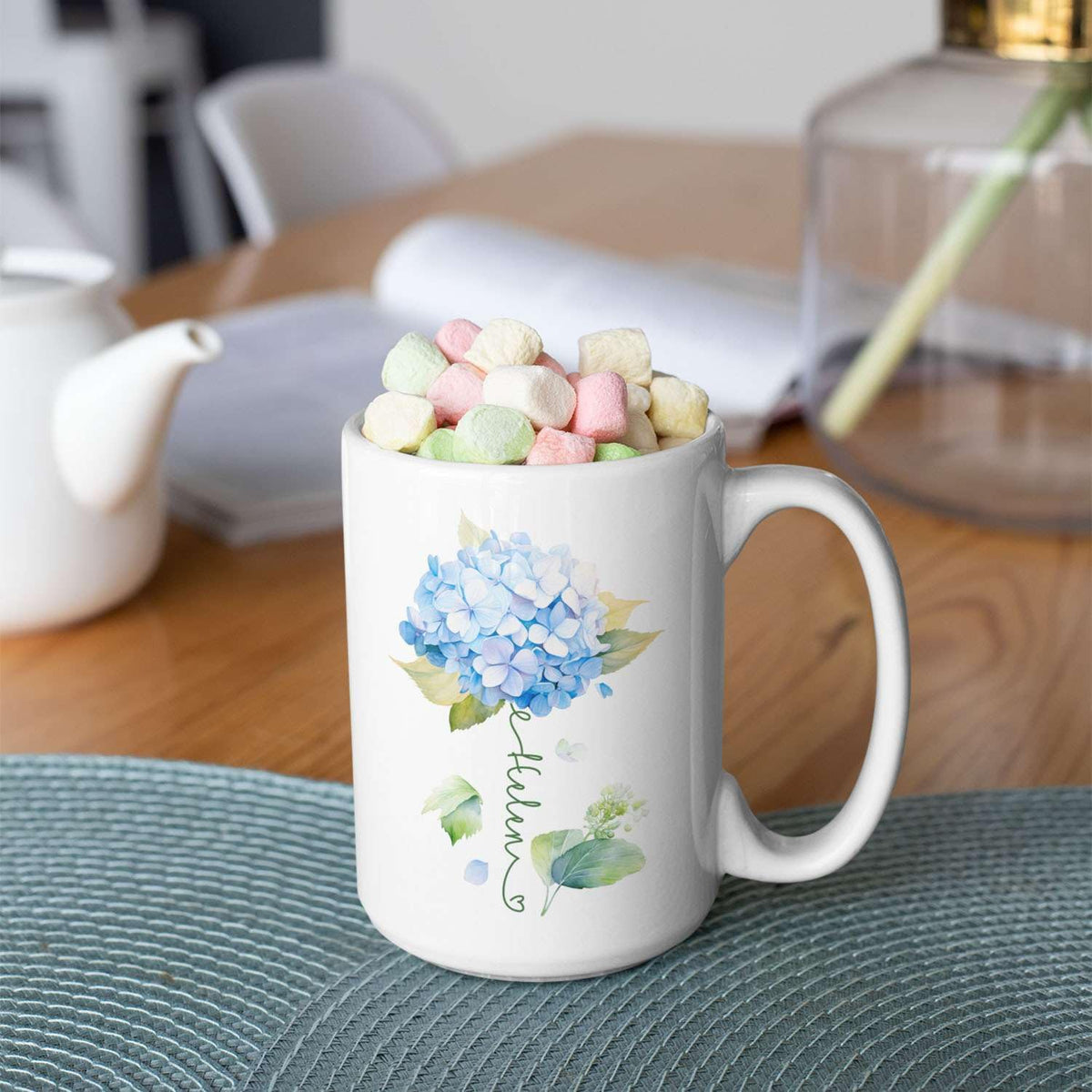 Custom Hydrangea Blossom Design Mug, Personalized Name Blue Flower Coffee Cup, Customized Flower